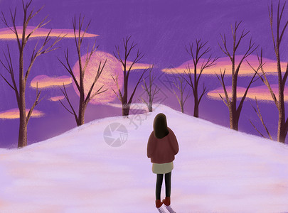 雪夜云月唯美女孩插画背景图片