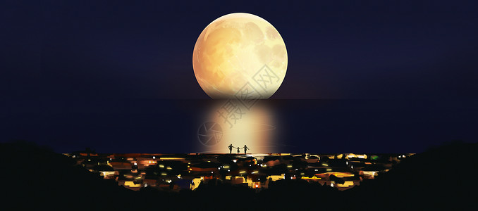 瑞典夜景海上明月插画