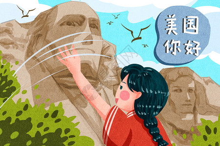 美国女孩旅游插画