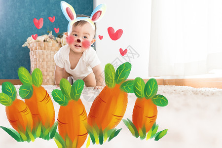 兔装婴儿爱吃萝卜的兔宝贝插画
