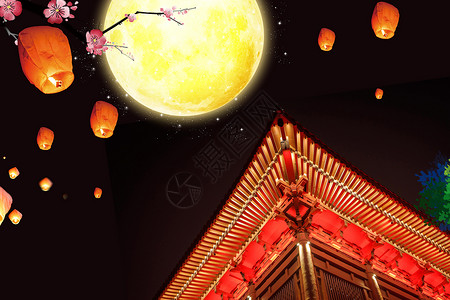 夜景樱花中秋节设计图片