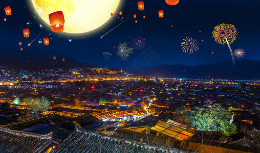 夜景古城中秋节设计图片