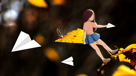 折纸飞机的女孩叶子高清图片素材