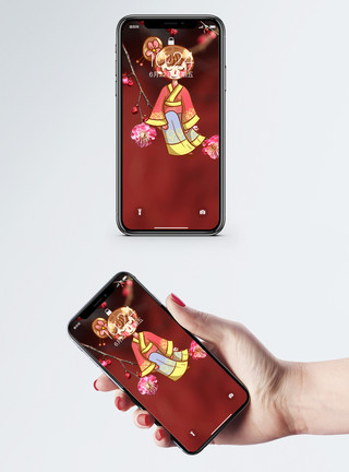 汉服红绳女孩花朵上的小人手机壁纸模板