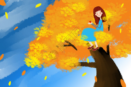 秋天坐在树上的女孩高清图片