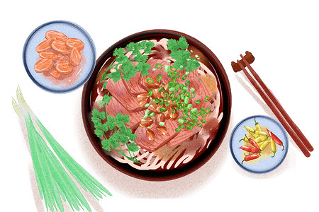 筷子夹牛肉牛肉面插画