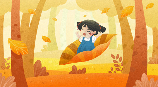 女孩坐在叶子上秋天坐在叶子上的小女孩插画