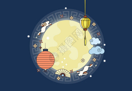 云彩元素月亮和兔子插画