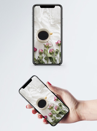 白猫与植物玫瑰花与咖啡手机壁纸模板