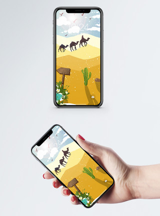 仙人掌和骆驼沙漠绿洲手机壁纸模板