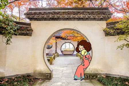 苏州园林旗袍创意摄影插画图片