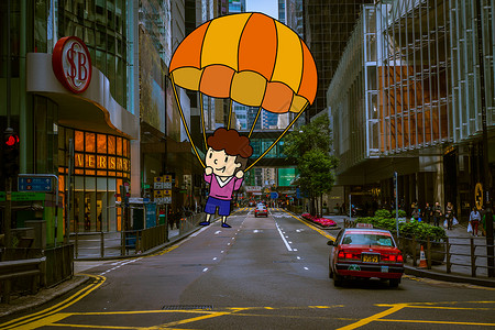跳降落伞降落伞环游都市创意摄影插画插画