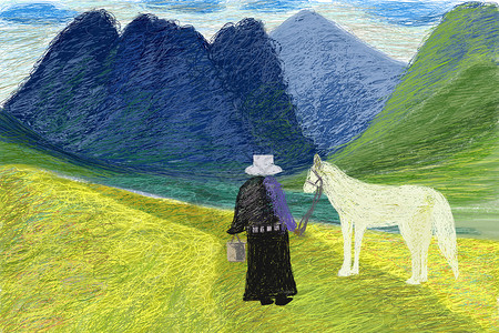 青海湖牵马的人线圈风景插画