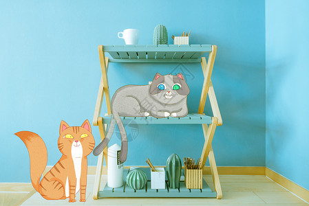 灰色墙面背景小猫撩小猫插画
