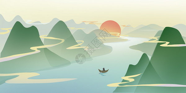 中国山水画2渔船高清图片素材