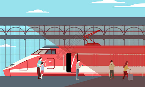 红色高铁动车车站插画