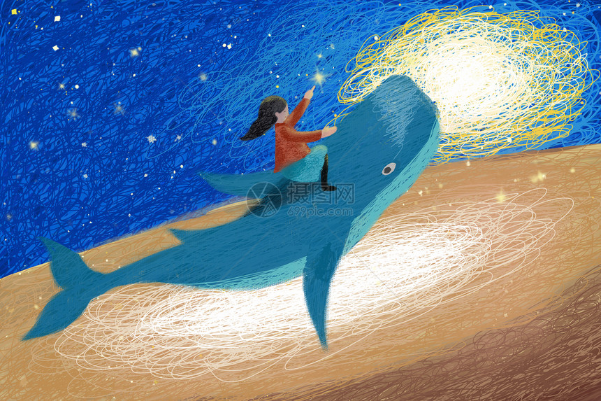 鲸鱼女孩线圈插画素材图片