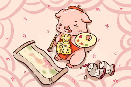 春节画画素材猪年的年画插画
