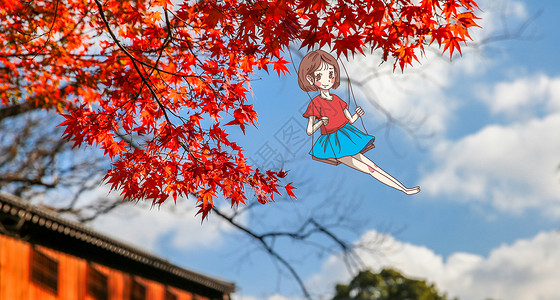 秋季女孩枫叶树设计图片