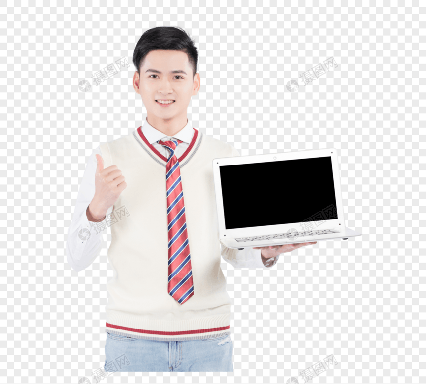 手持笔记本电脑展示的男性学生图片