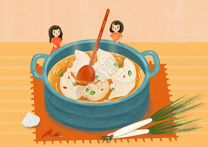 勺子辣椒吃饺子插画