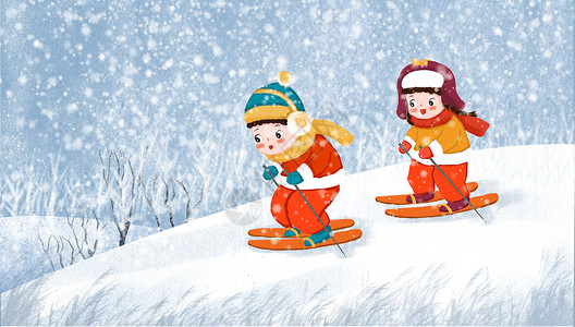 女孩滑雪速降滑雪插画