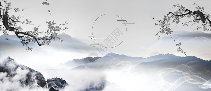 滑雪缆车水墨中国风设计图片