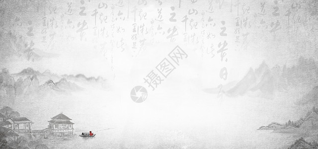 山水小船水墨中国风设计图片