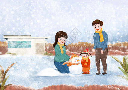 日系建筑堆雪人插画