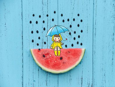 木板水果下雨天想你插画