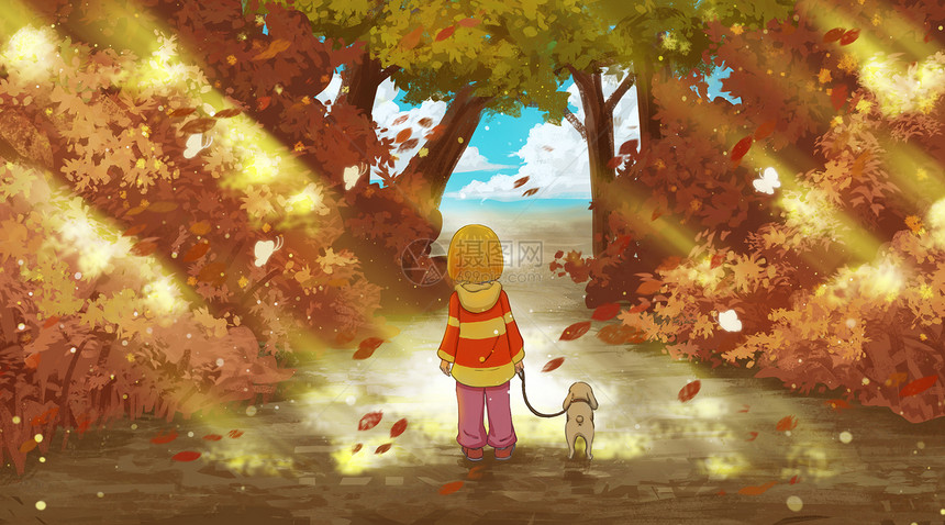 在秋天落叶中散步的女孩图片