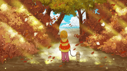 在秋天落叶中散步的女孩背景图片