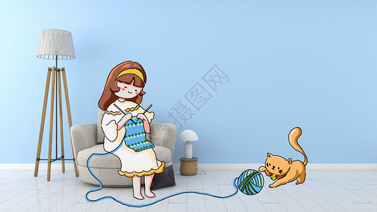 猫咪毛线球居家生活创意摄影插画插画