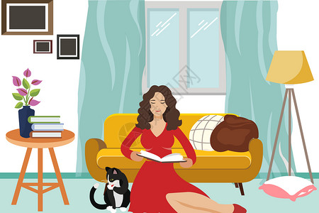 猫坐着看书的女人插画