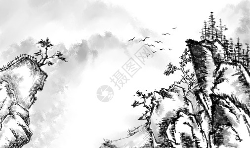 泸沽湖观景台水墨山水插画