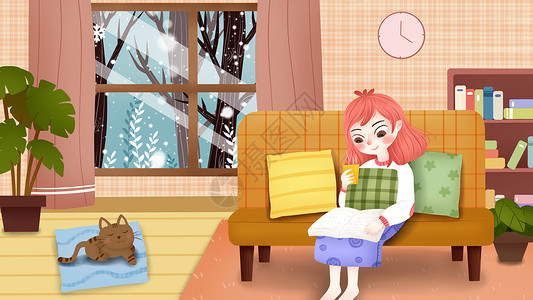 窗台看书少女大雪24节气冬季室内插画插画