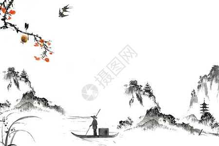 山船中国风水墨背景设计图片