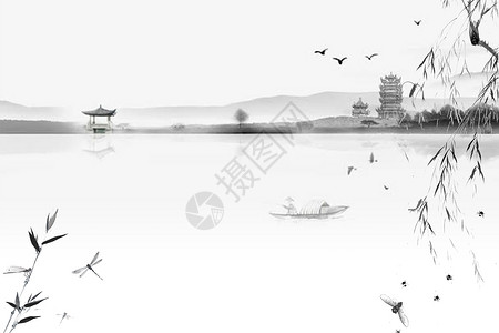 水与树中国风水墨背景设计图片