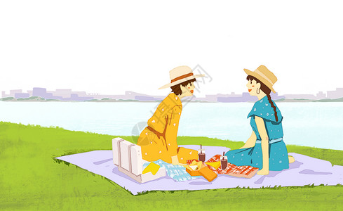 度假中的闺蜜闺蜜野餐插画