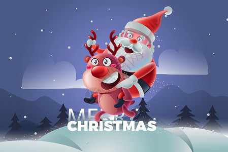 圣诞积雪圣诞节老人和麋鹿插画