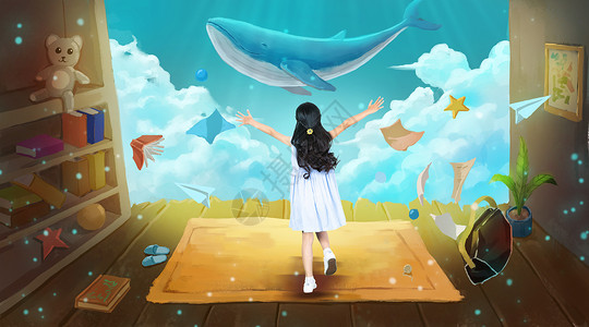 鲸鱼上女孩奇幻儿童场景设计图片