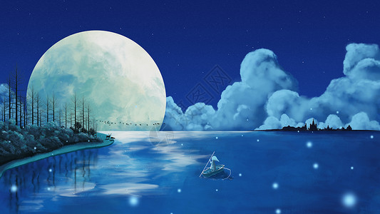 月亮下小船海上月明夜插画
