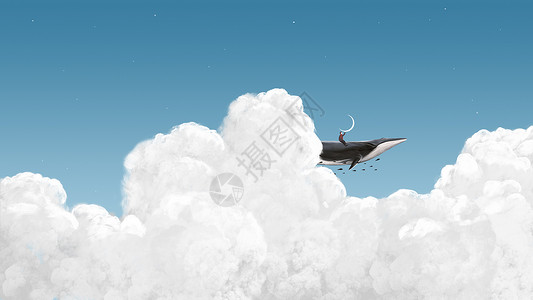开飞机小男孩骑在鲸鱼上摘月亮的小男孩插画