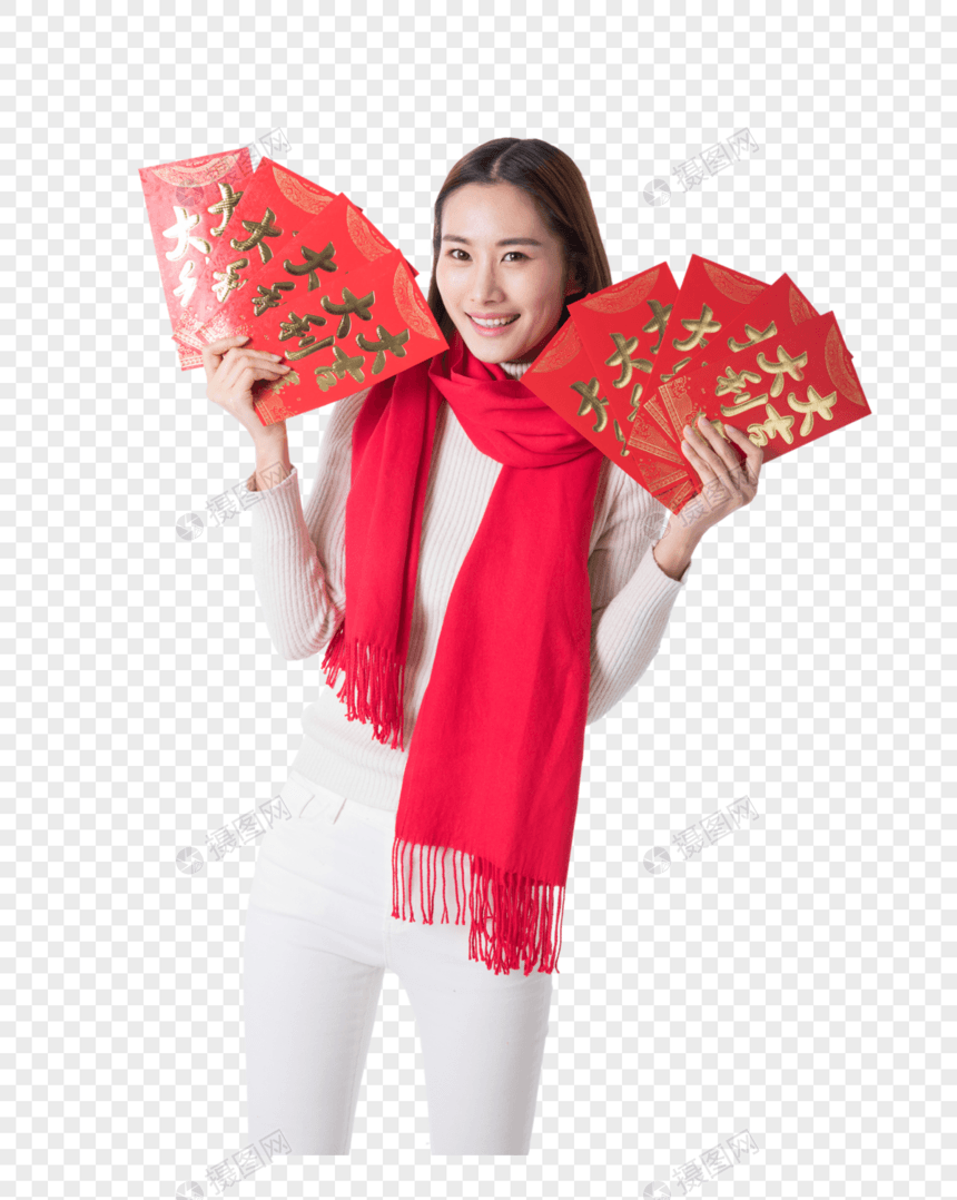 新年女性手拿红包图片