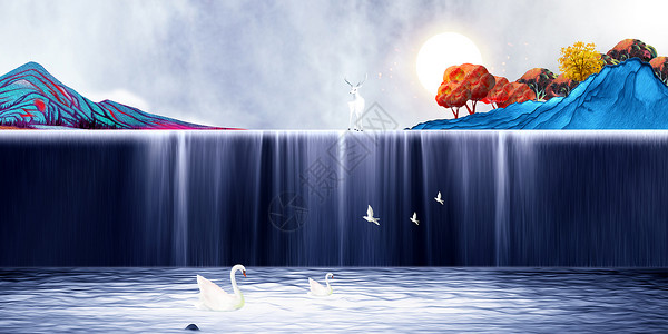 三叠泉瀑布梦幻麋鹿设计图片