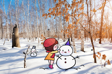 冬季东北堆雪人创意摄影插画插画