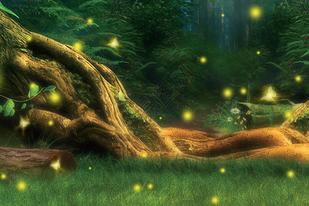 萤火虫背景迷幻森林设计图片