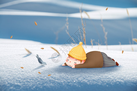 帽子上鸟雪地里睡觉的男孩插画