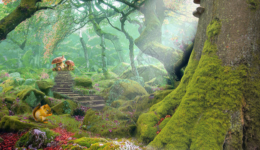 草地上小松鼠梦幻森林设计图片