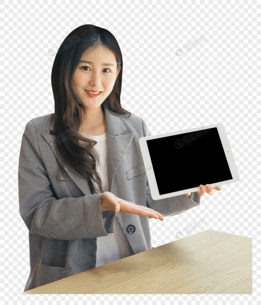 商务女性咖啡馆手持平板电脑图片